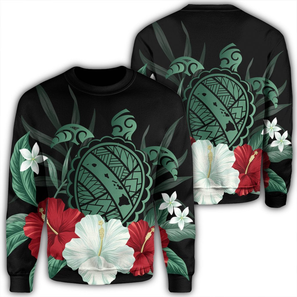 Hawaiian Map Turtle Hibiscus Polynesian Sweatshirt - AH Unisex Black - Polynesian Pride