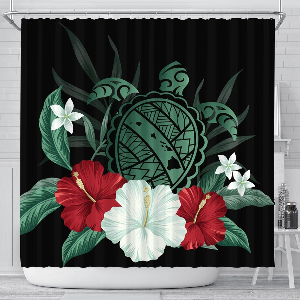 Hawaiian Map Turtle Hibiscus Polynesian Shower Curtain - AH 177 x 172 (cm) Black - Polynesian Pride