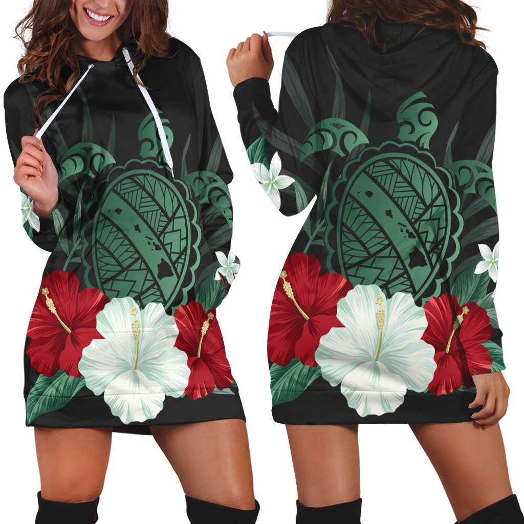 Hawaiian Map Turtle Hibiscus Polynesian Hoodie Dress - AH Black - Polynesian Pride