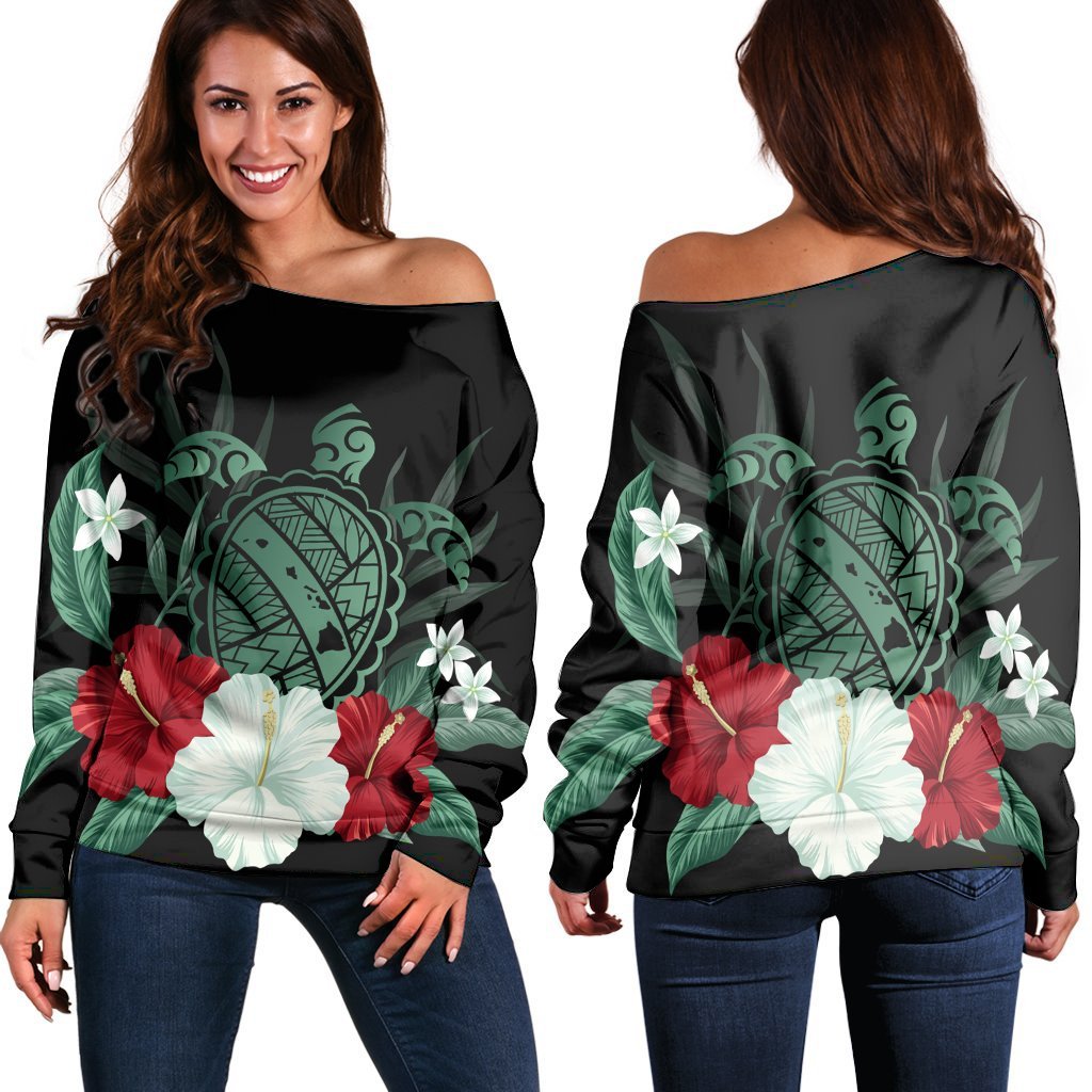 Hawaiian Map Turtle Hibiscus Polynesian Women's Off Shoulder Sweater - AH Black - Polynesian Pride