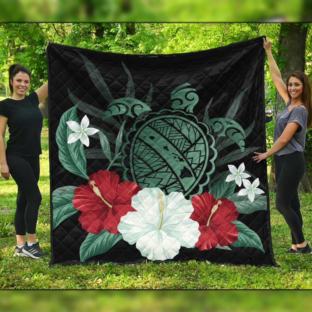 Hawaiian Map Turtle Hibiscus Polynesian Premium Quilts - AH Black - Polynesian Pride