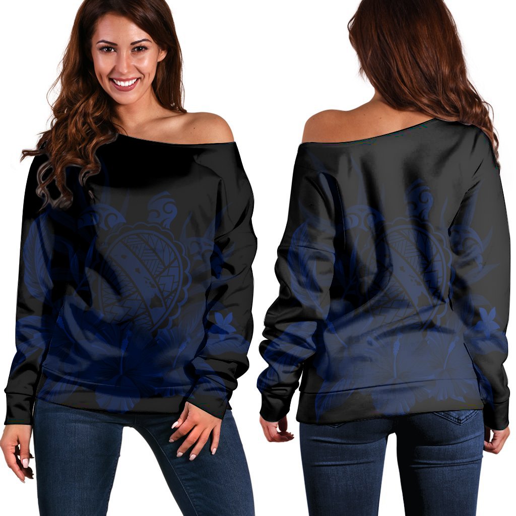 Hawaiian Map Turtle Hibiscus Polynesian Women's Off Shoulder Sweater - Blue - AH Black - Polynesian Pride