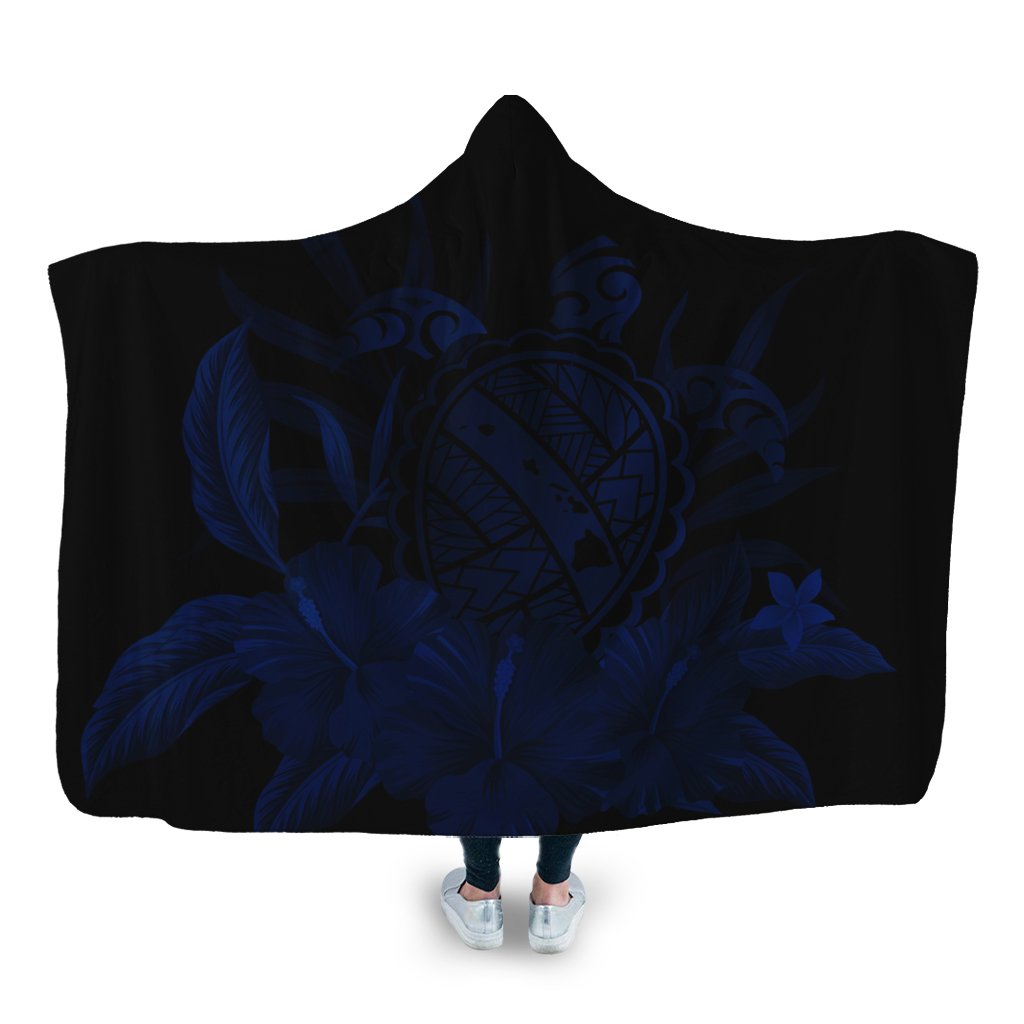 Hawaiian Map Turtle Hibiscus Polynesian Hooded Blanket - Blue - AH Hooded Blanket White - Polynesian Pride