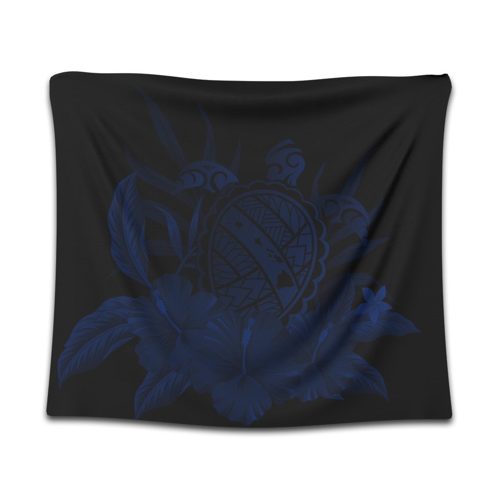 Hawaiian Map Turtle Hibiscus Polynesian Tapestry - Blue - AH Wall Tapestry Black - Polynesian Pride