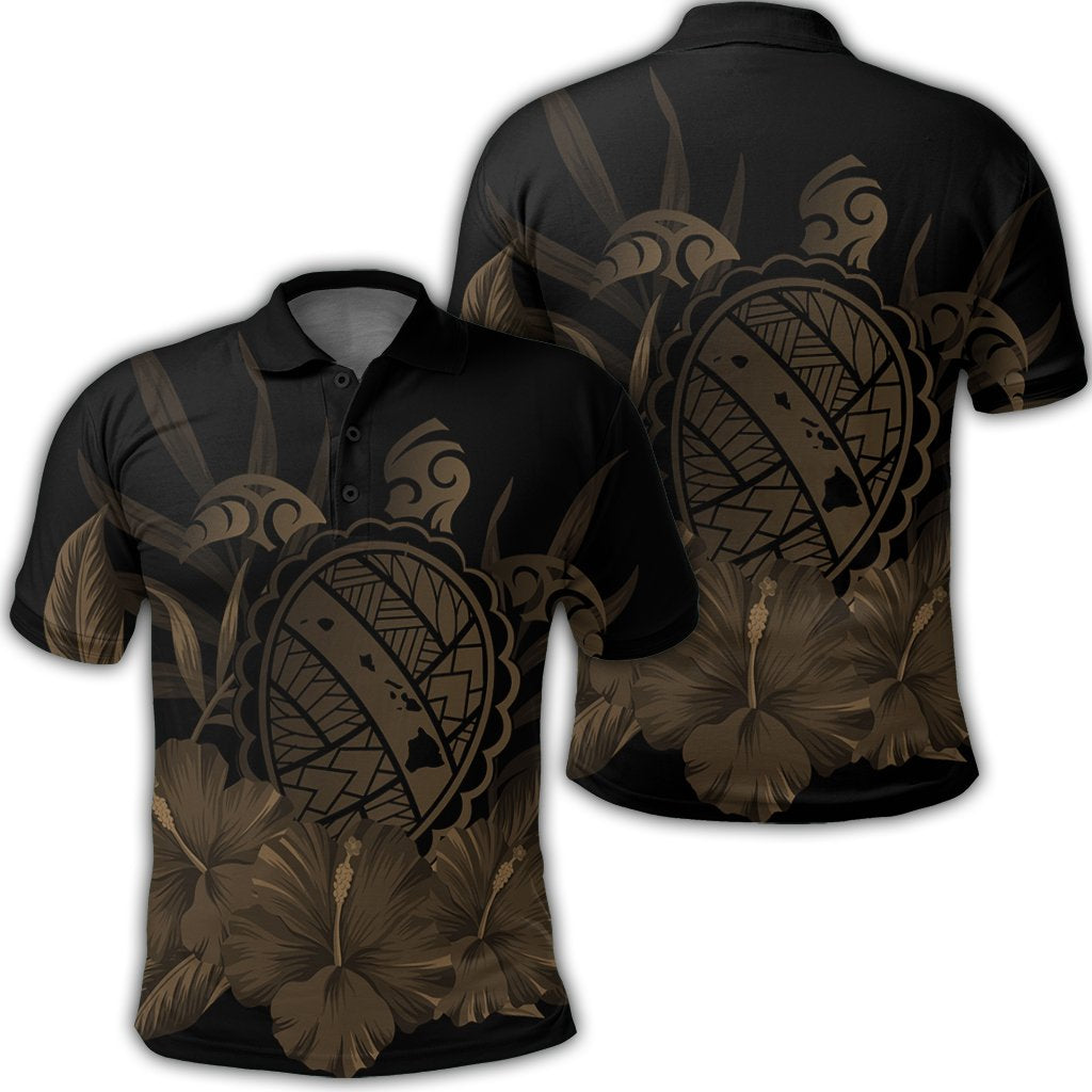 Hawaiian Map Turtle Hibiscus Polynesian Polo Shirt Gold Unisex Black - Polynesian Pride