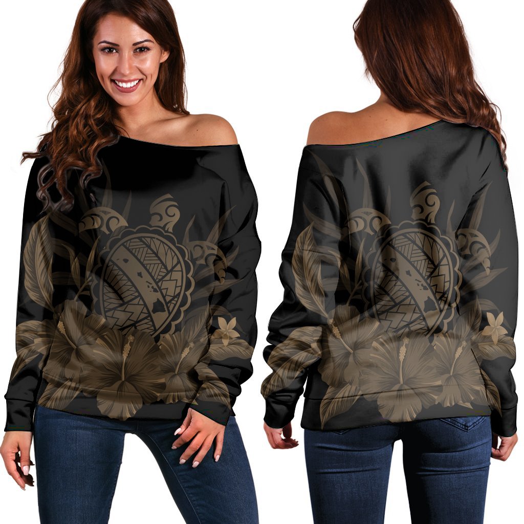 Hawaiian Map Turtle Hibiscus Polynesian Women's Off Shoulder Sweater - Gold - AH Black - Polynesian Pride