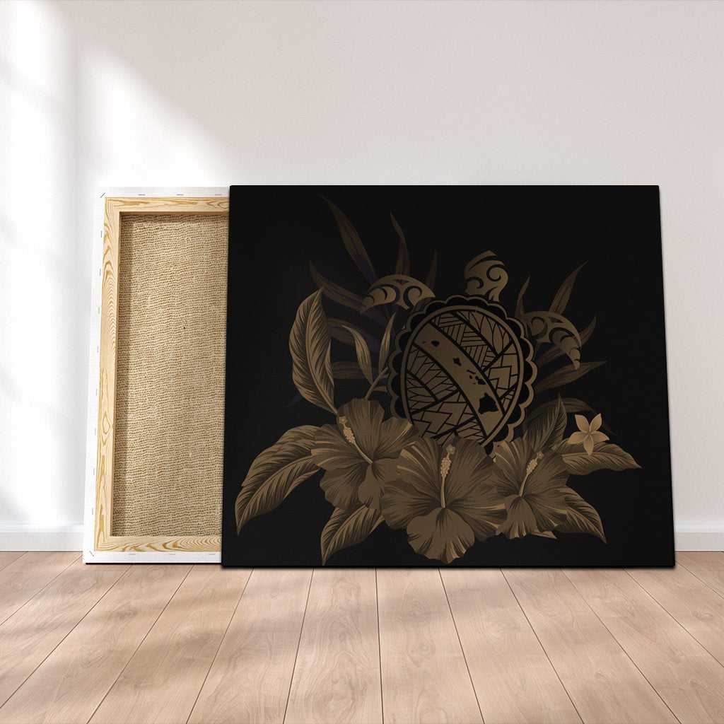 Hawaiian Map Turtle Hibiscus Polynesian Canvas - Gold - AH Canvas Poly-cotton - Polynesian Pride