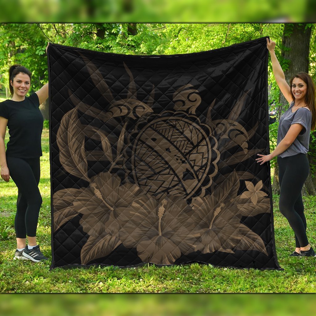 Hawaiian Map Turtle Hibiscus Polynesian Premium Quilts - Gold - AH Black - Polynesian Pride