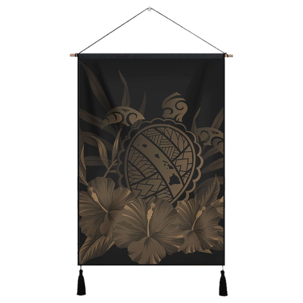Hawaiian Map Turtle Hibiscus Polynesian Hanging Poster - Gold - AH Hanging Poster Cotton And Linen - Polynesian Pride