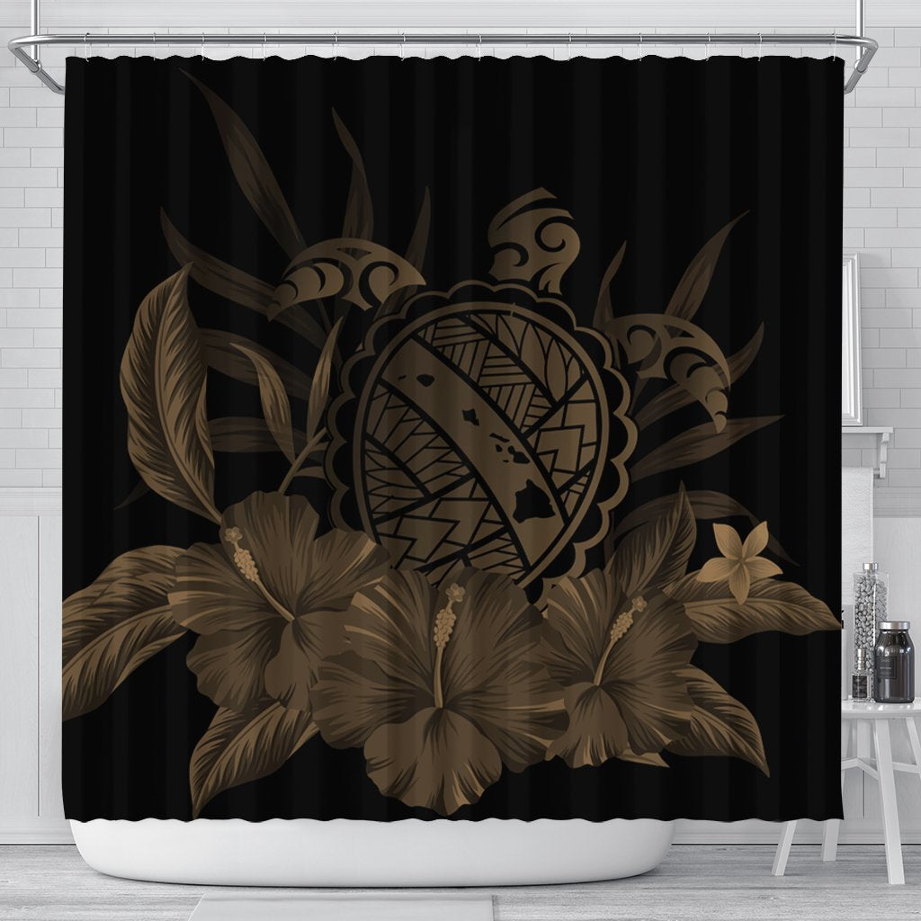 Hawaiian Map Turtle Hibiscus Polynesian Shower Curtain - Gold - AH 177 x 172 (cm) Black - Polynesian Pride