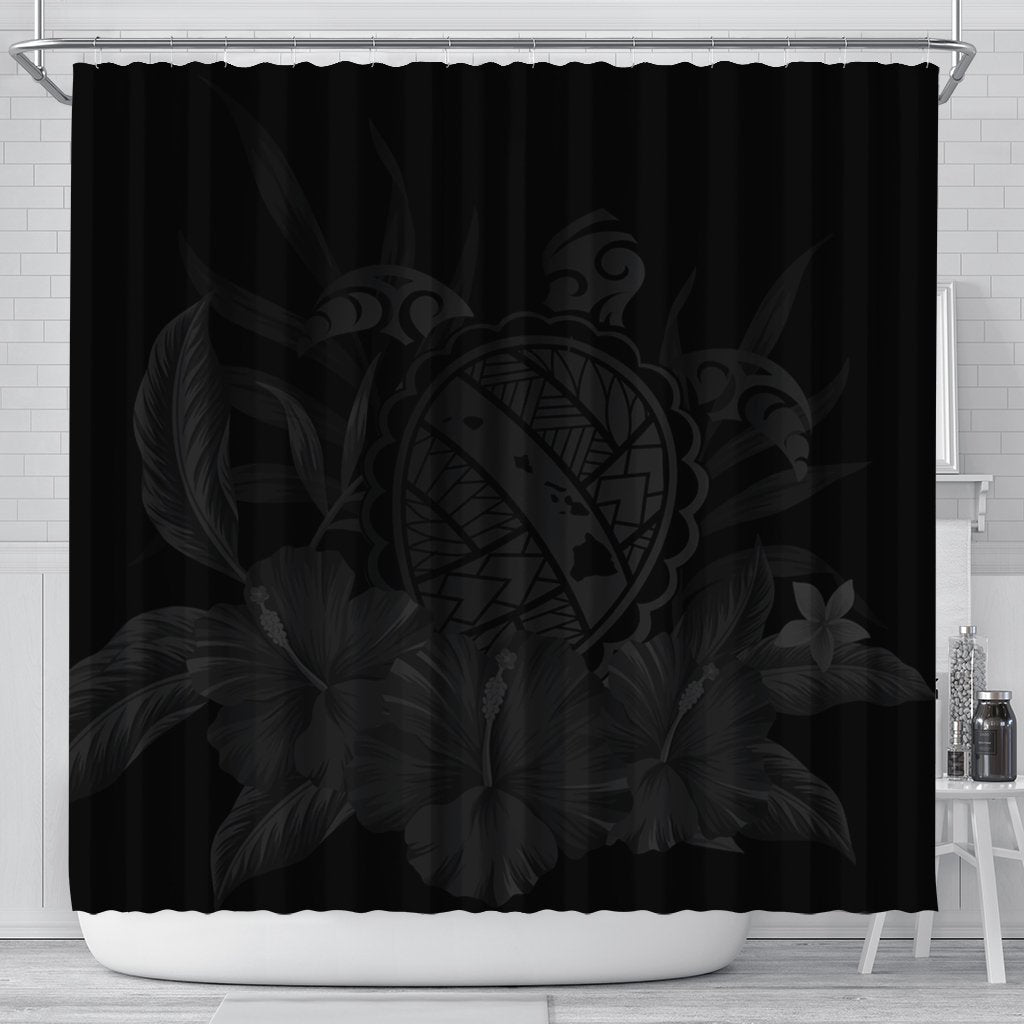 Hawaiian Map Turtle Hibiscus Polynesian Shower Curtain - Gray - AH 177 x 172 (cm) Black - Polynesian Pride