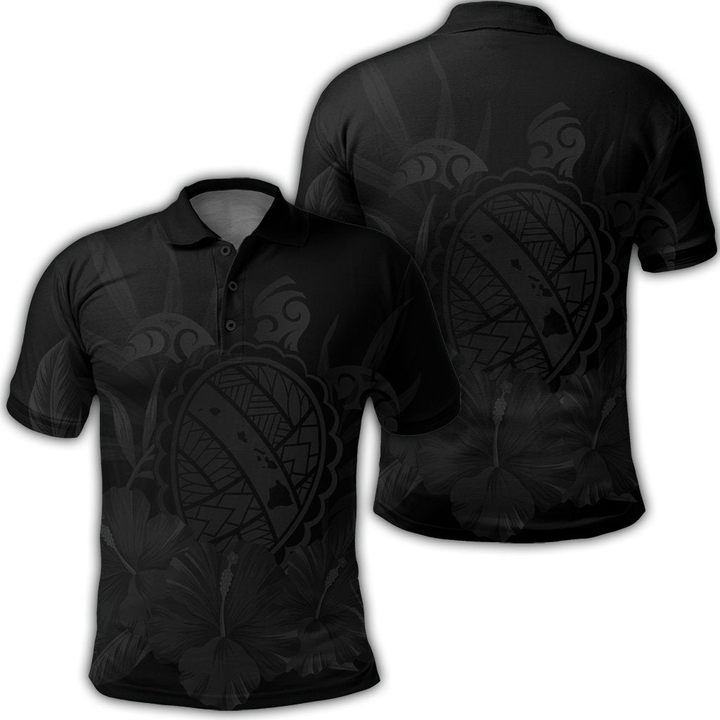 Hawaiian Map Turtle Hibiscus Polynesian Polo Shirt Gray Unisex Black - Polynesian Pride