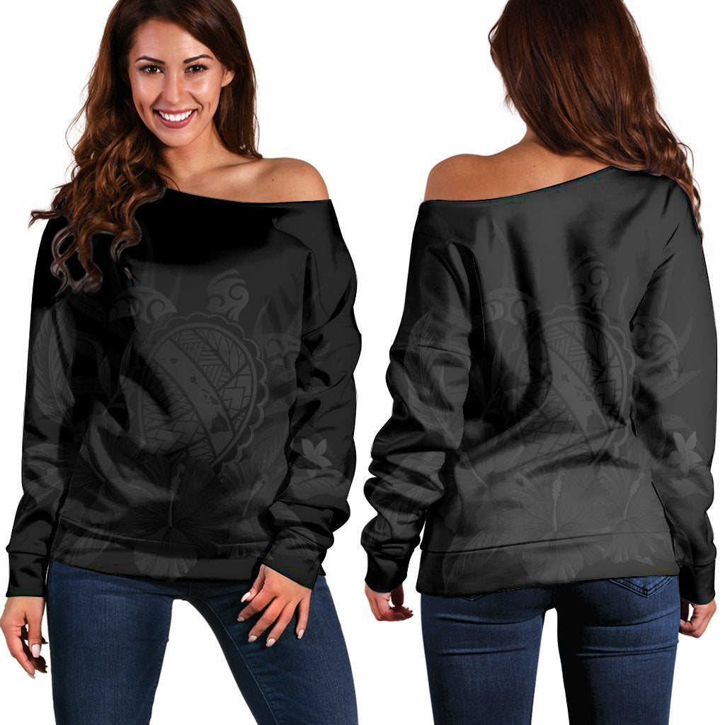 Hawaiian Map Turtle Hibiscus Polynesian Women's Off Shoulder Sweater - Gray - AH Black - Polynesian Pride