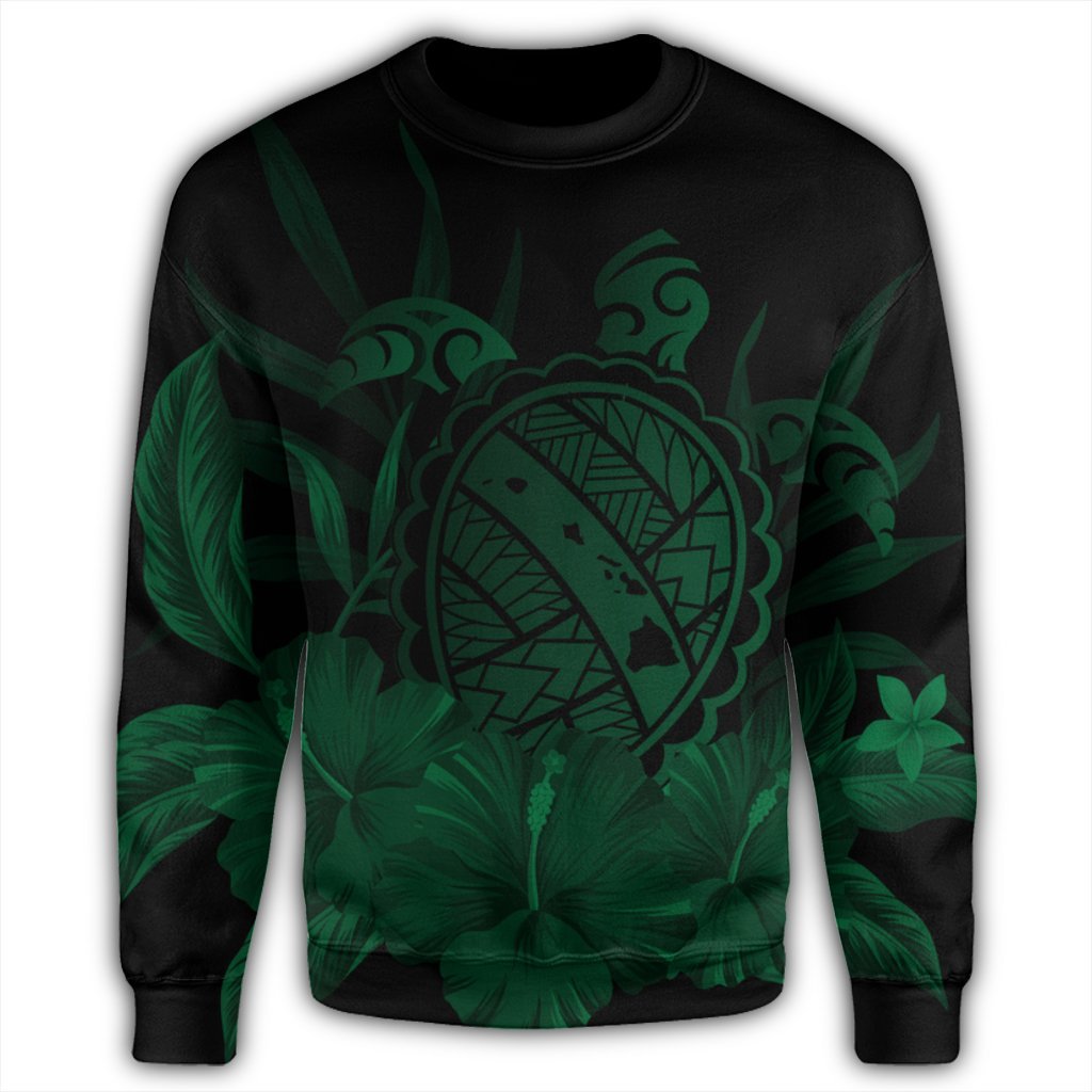 Hawaiian Map Turtle Hibiscus Polynesian Sweatshirt - Green - AH - Polynesian Pride