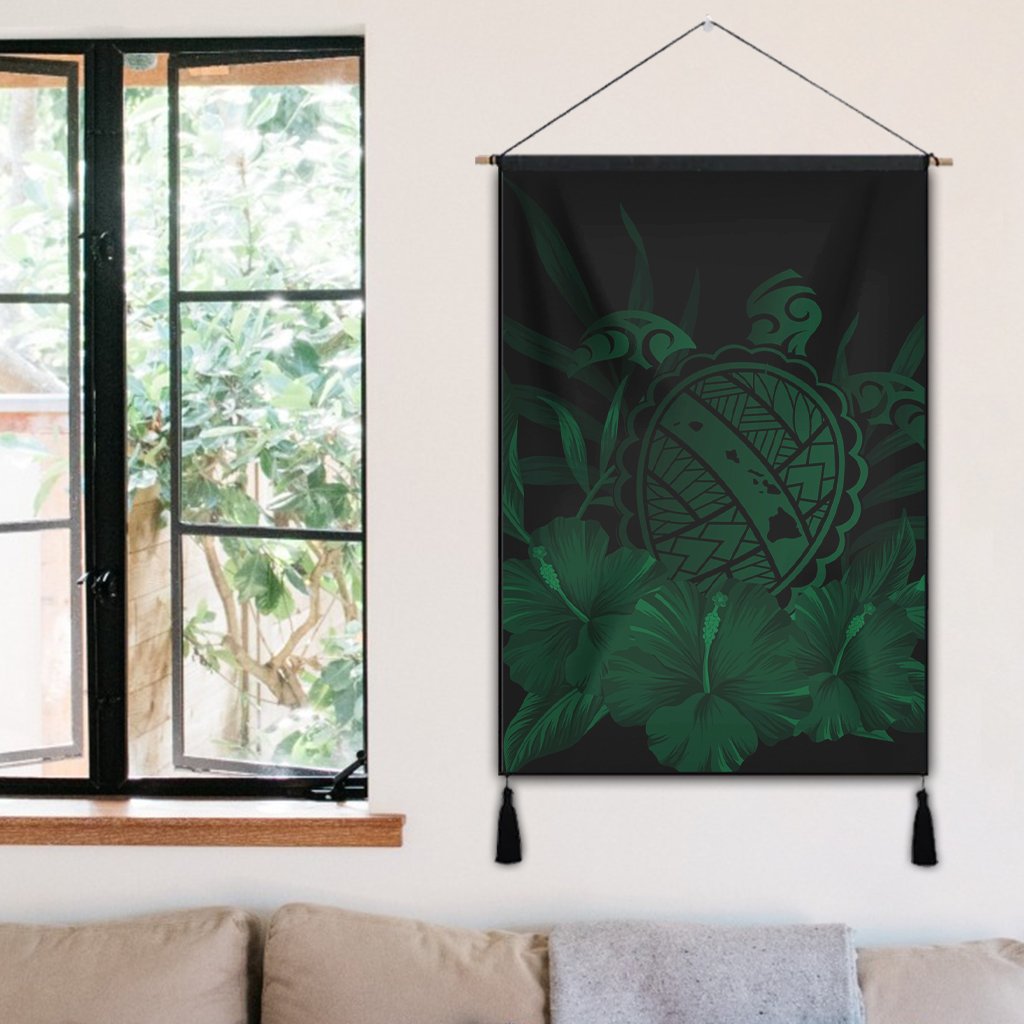 Hawaiian Map Turtle Hibiscus Polynesian Hanging Poster - Green - AH - Polynesian Pride