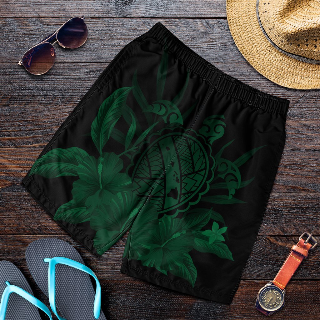 Hawaiian Map Turtle Hibiscus Polynesian Men's Shorts - Green - AH Art - Polynesian Pride