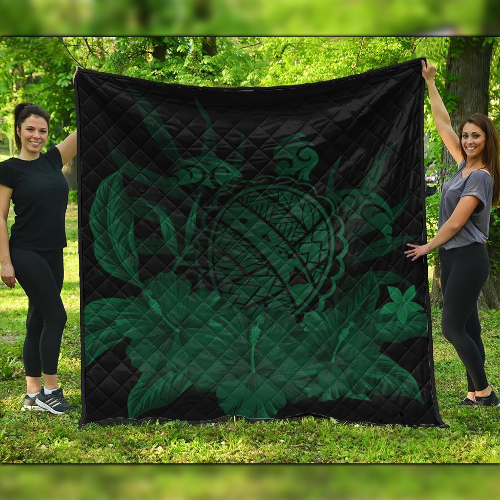 Hawaiian Map Turtle Hibiscus Polynesian Premium Quilts - Green - AH Black - Polynesian Pride