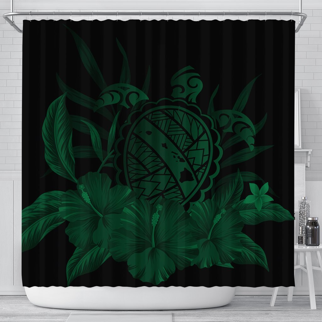 Hawaiian Map Turtle Hibiscus Polynesian Shower Curtain - Green - AH 177 x 172 (cm) Black - Polynesian Pride