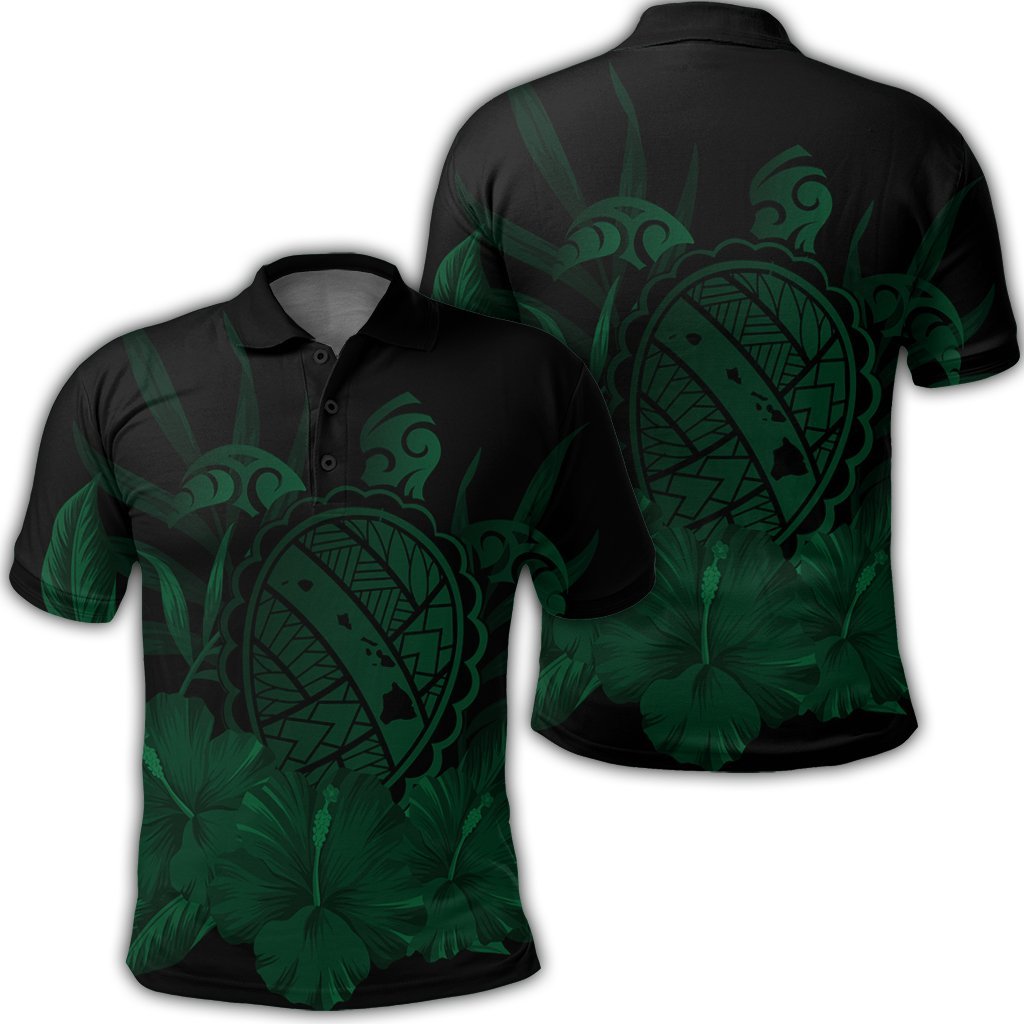 Hawaiian Map Turtle Hibiscus Polynesian Polo Shirt Green Unisex Black - Polynesian Pride