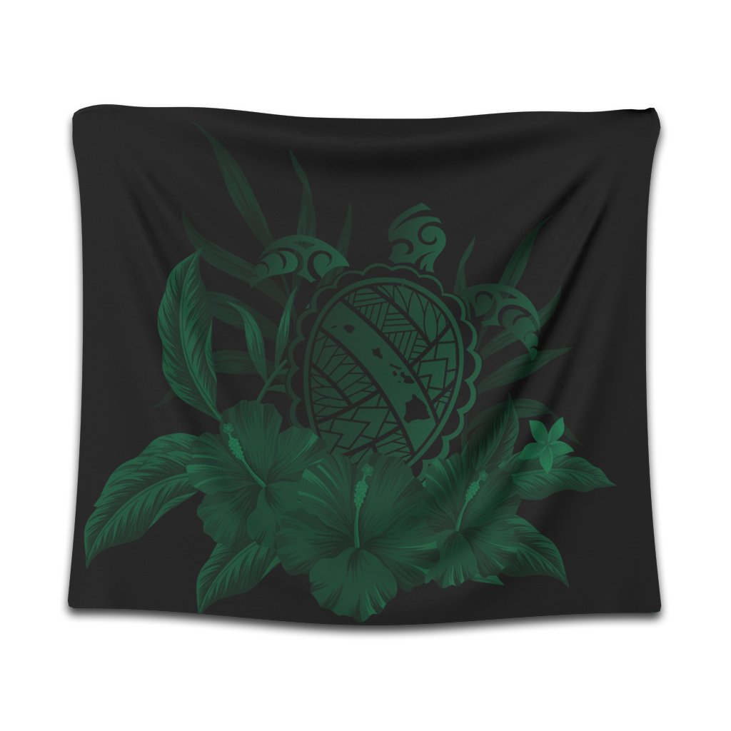 Hawaiian Map Turtle Hibiscus Polynesian Tapestry - Green - AH Wall Tapestry Black - Polynesian Pride