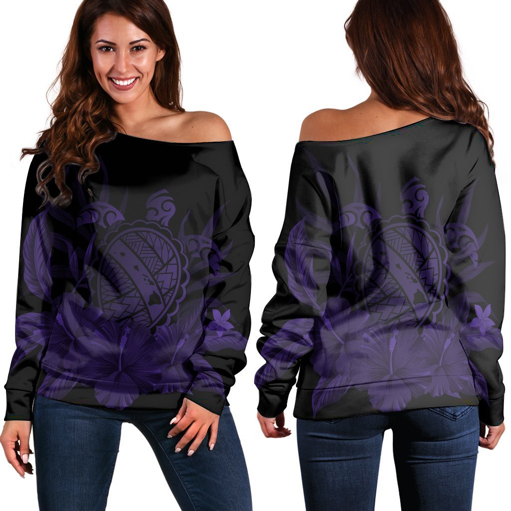 Hawaiian Map Turtle Hibiscus Polynesian Women's Off Shoulder Sweater - Purple - AH Black - Polynesian Pride