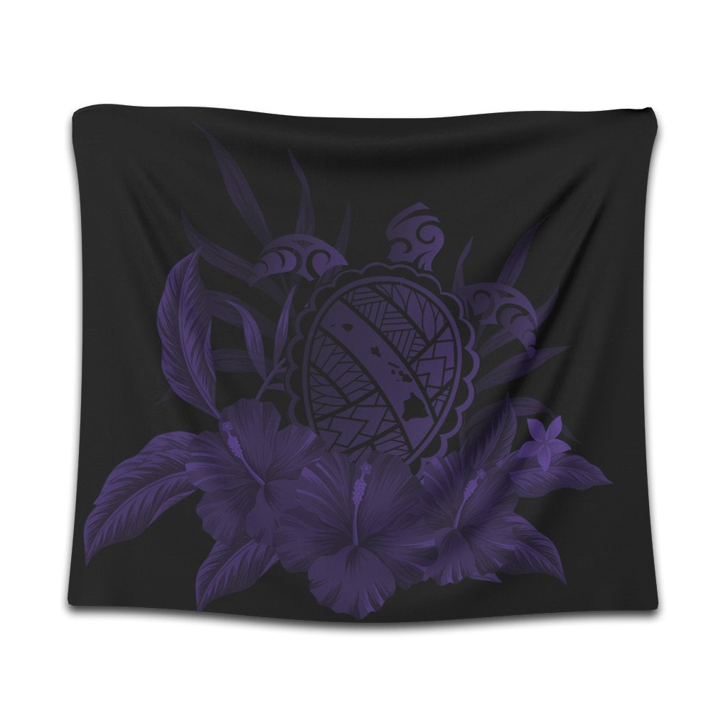 Hawaiian Map Turtle Hibiscus Polynesian Tapestry - Purple - AH Wall Tapestry Black - Polynesian Pride