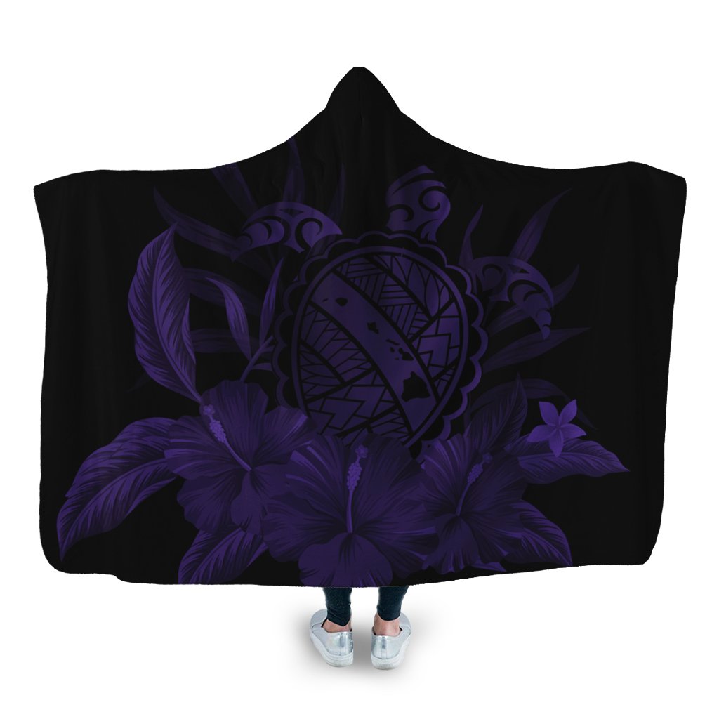 Hawaiian Map Turtle Hibiscus Polynesian Hooded Blanket - Purple - AH Hooded Blanket White - Polynesian Pride