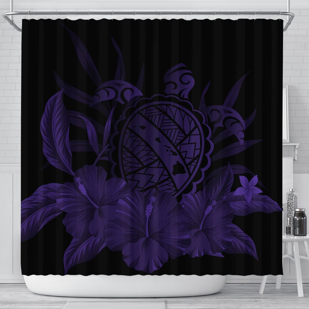Hawaiian Map Turtle Hibiscus Polynesian Shower Curtain - Purple - AH 177 x 172 (cm) Black - Polynesian Pride