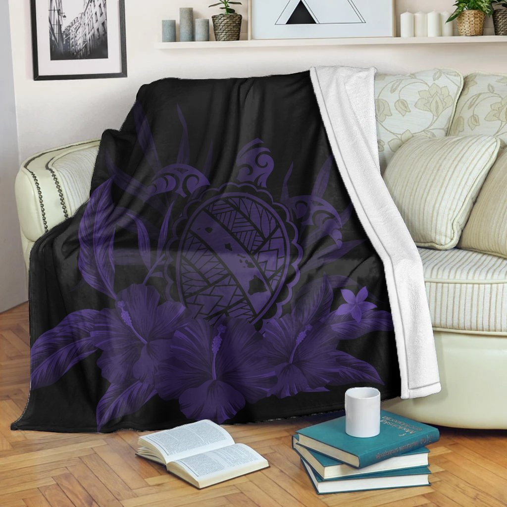 Hawaiian Map Turtle Hibiscus Polynesian Premium Blankets - Purple - AH White - Polynesian Pride