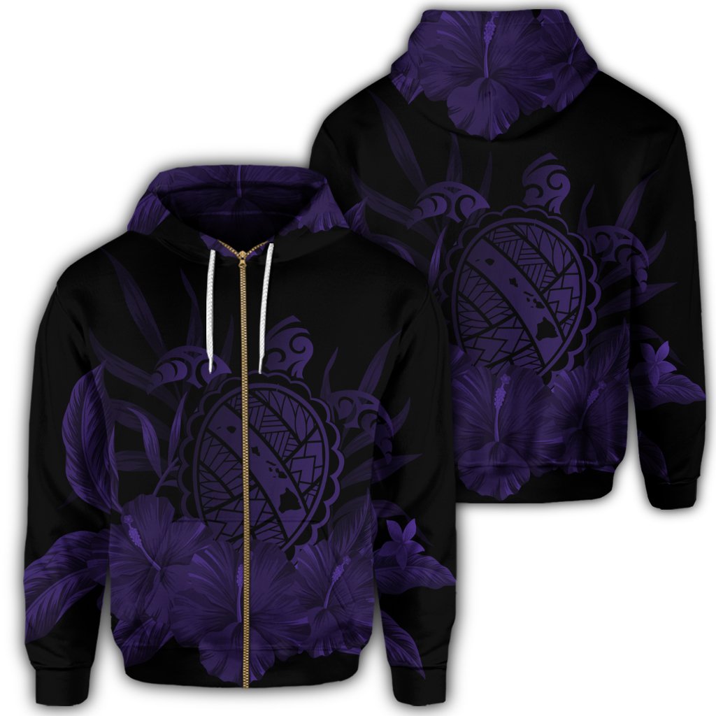 Hawaiian Map Turtle Hibiscus Polynesian Zip Hoodie Purple Unisex Art - Polynesian Pride