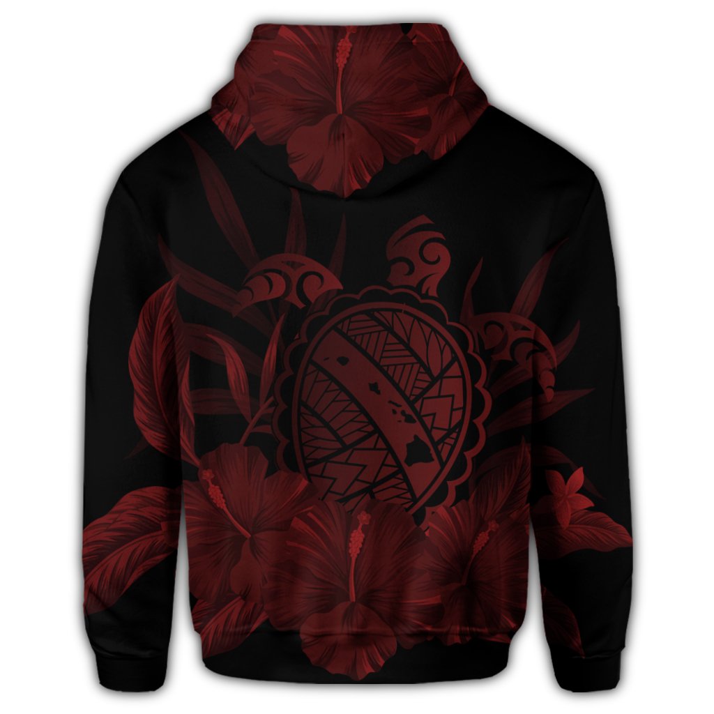 Hawaiian Map Turtle Hibiscus Polynesian Zip Hoodie Red - Polynesian Pride