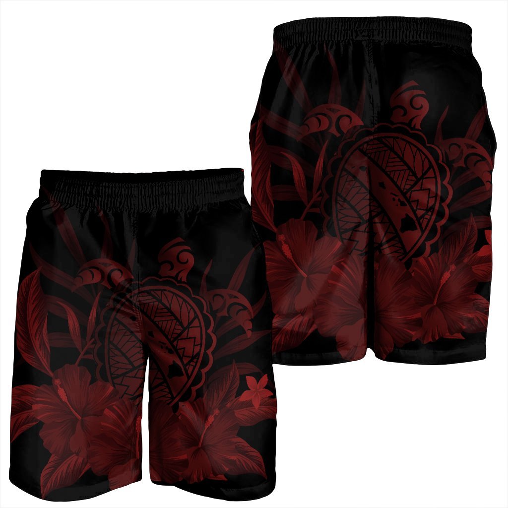 Hawaiian Map Turtle Hibiscus Polynesian Men's Shorts - Red - AH - Polynesian Pride