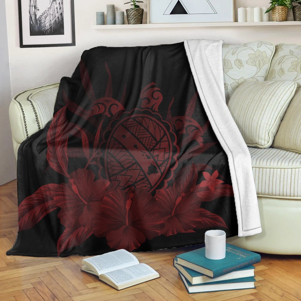 Hawaiian Map Turtle Hibiscus Polynesian Premium Blankets - Red - AH White - Polynesian Pride