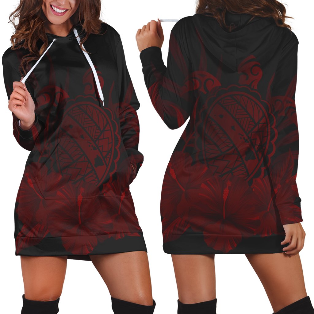 Hawaiian Map Turtle Hibiscus Polynesian Hoodie Dress - Red - AH Black - Polynesian Pride