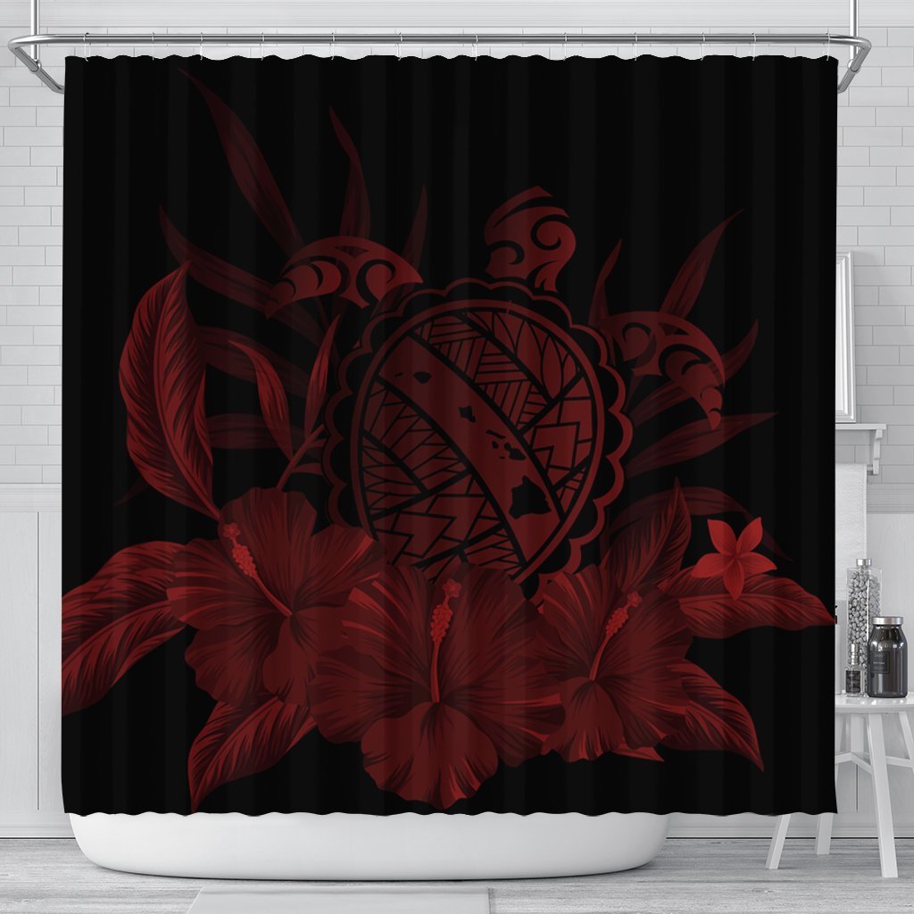 Hawaiian Map Turtle Hibiscus Polynesian Shower Curtain - Red - AH 177 x 172 (cm) Black - Polynesian Pride