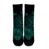 Hawaiian Map Turtle Hibiscus Polynesian Crew Socks - Turquoise - AH - Polynesian Pride