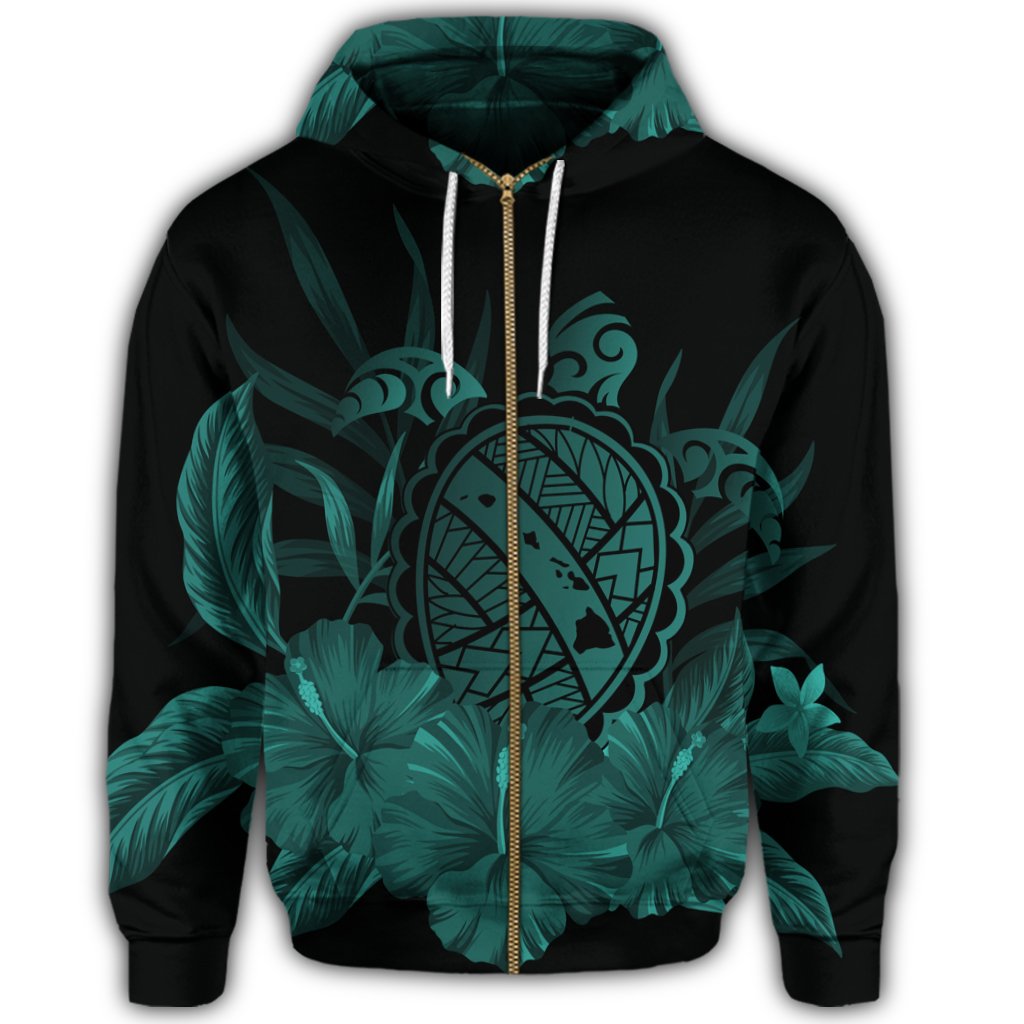 Hawaiian Map Turtle Hibiscus Polynesian Zip Hoodie Turquoise - Polynesian Pride