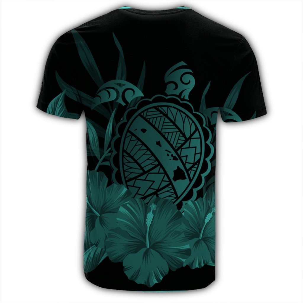 Hawaiian Map Turtle Hibiscus Polynesian T Shirt Turquoise - Polynesian Pride