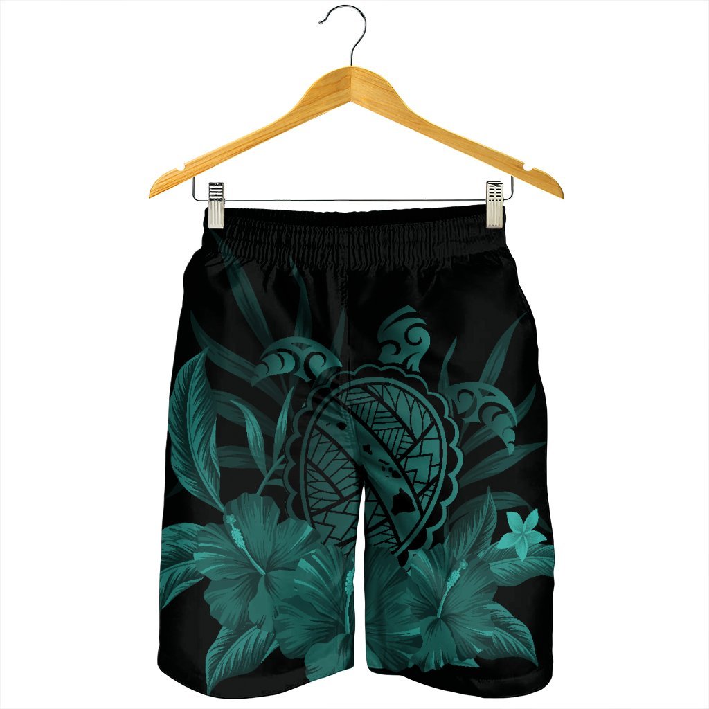 Hawaiian Map Turtle Hibiscus Polynesian Men's Shorts - Turquoise - AH - Polynesian Pride