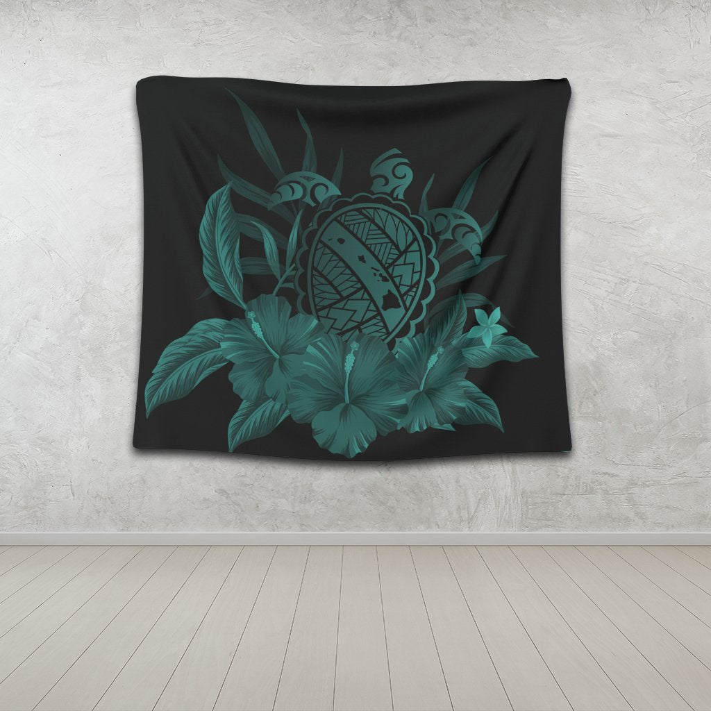 Hawaiian Map Turtle Hibiscus Polynesian Tapestry - Turquoise - AH - Polynesian Pride