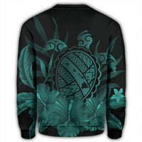 Hawaiian Map Turtle Hibiscus Polynesian Sweatshirt - Turquoise - AH - Polynesian Pride