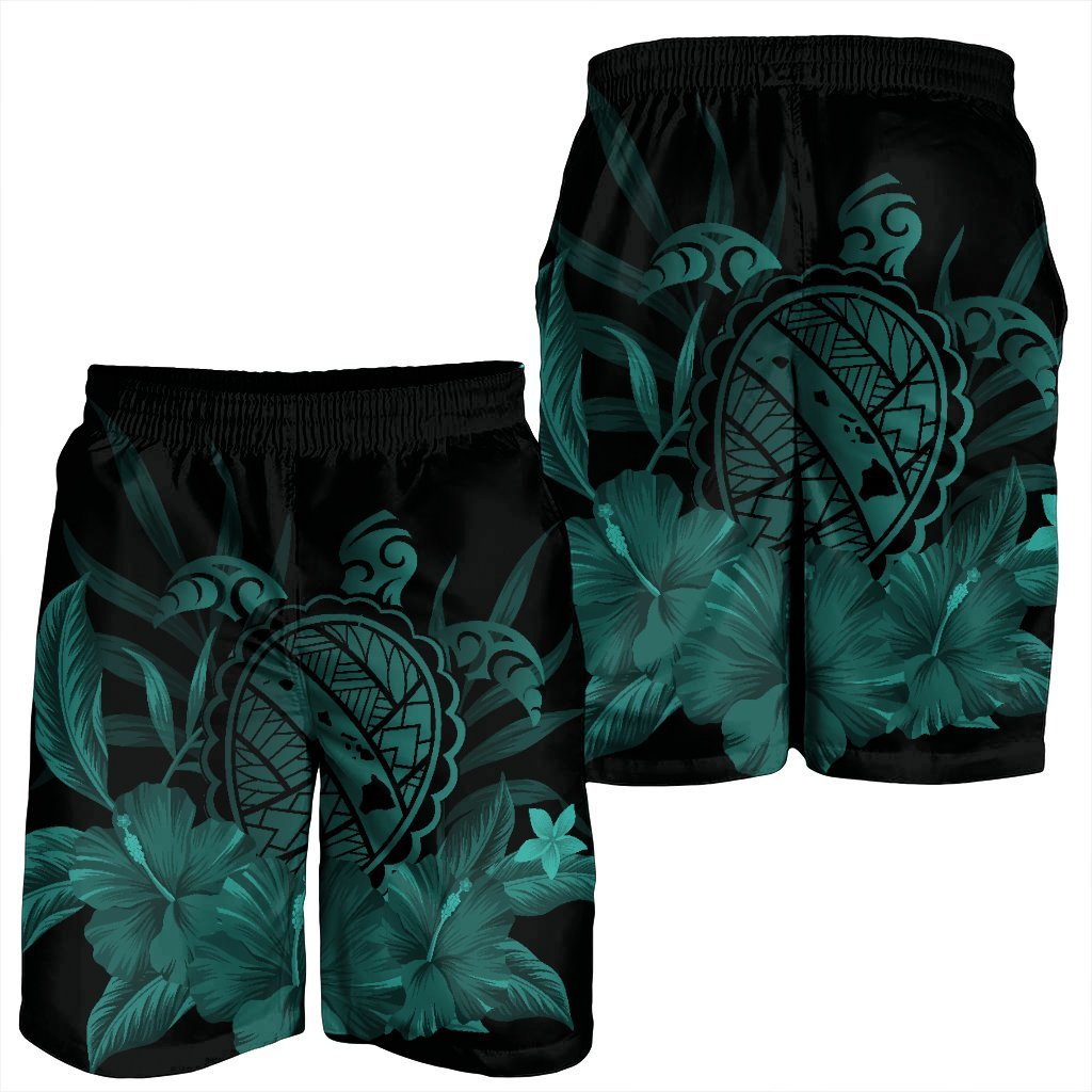 Hawaiian Map Turtle Hibiscus Polynesian Men's Shorts - Turquoise - AH - Polynesian Pride