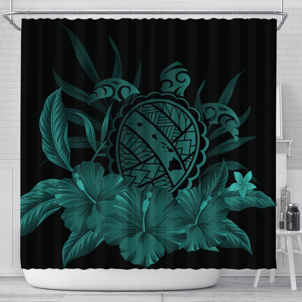 Hawaiian Map Turtle Hibiscus Polynesian Shower Curtain - Turquoise - AH 177 x 172 (cm) Black - Polynesian Pride