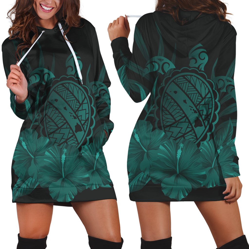 Hawaiian Map Turtle Hibiscus Polynesian Hoodie Dress - Turquoise - AH Black - Polynesian Pride