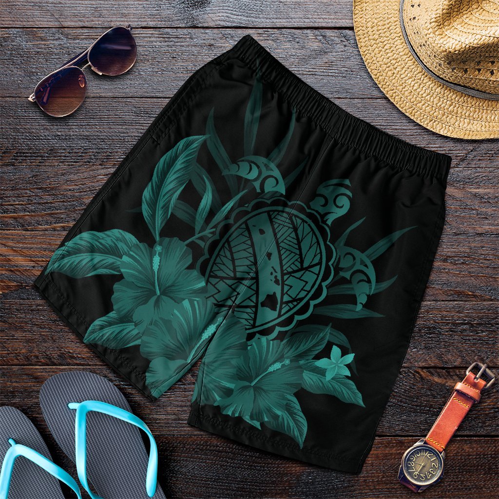 Hawaiian Map Turtle Hibiscus Polynesian Men's Shorts - Turquoise - AH Art - Polynesian Pride