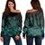 Hawaiian Map Turtle Hibiscus Polynesian Women's Off Shoulder Sweater - Turquoise - AH Black - Polynesian Pride