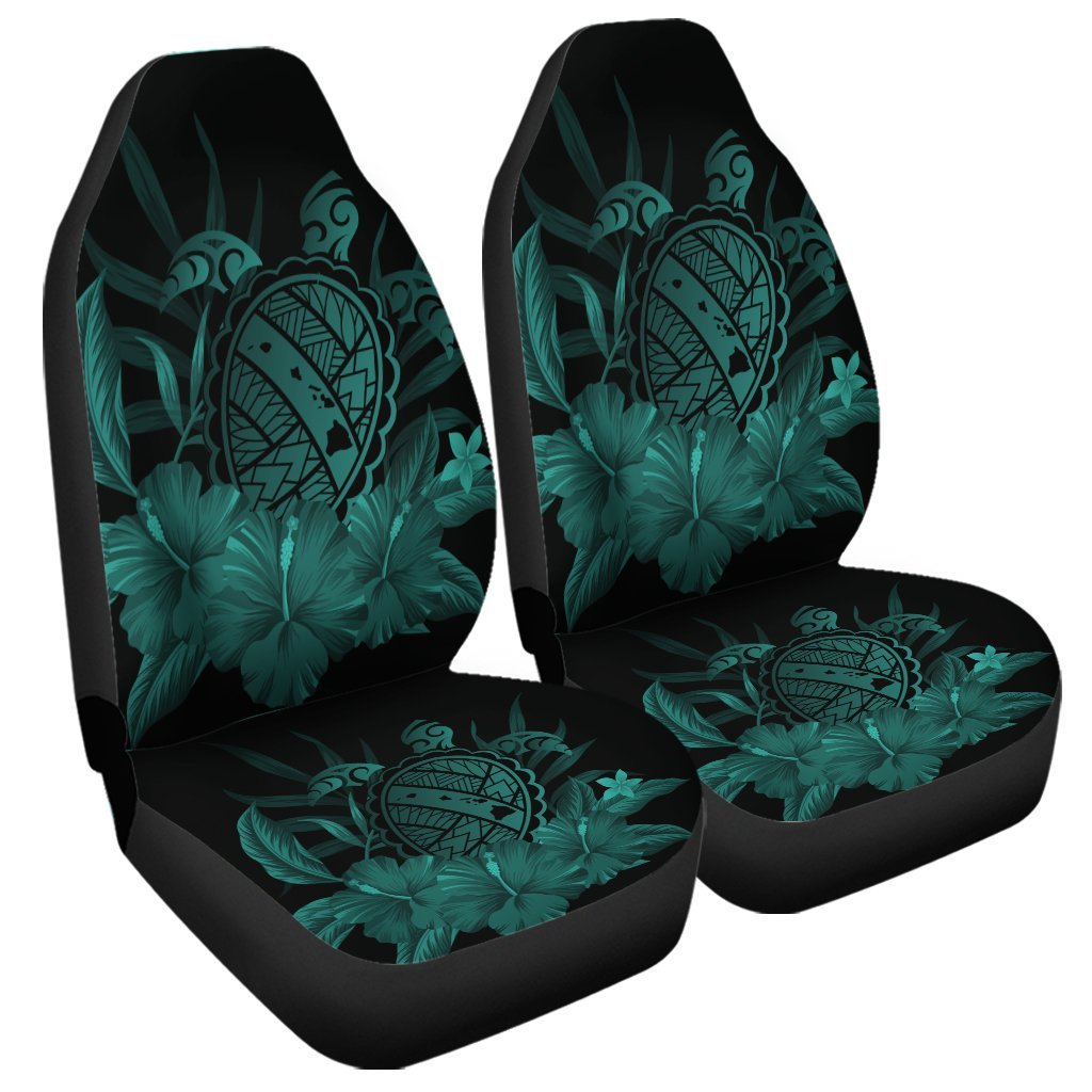 Hawaiian Map Turtle Hibiscus Polynesian Car Seat Covers - Turquoise - AH Universal Fit Black - Polynesian Pride