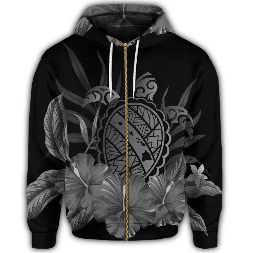 Hawaiian Map Turtle Hibiscus Polynesian Zip Hoodie White - Polynesian Pride
