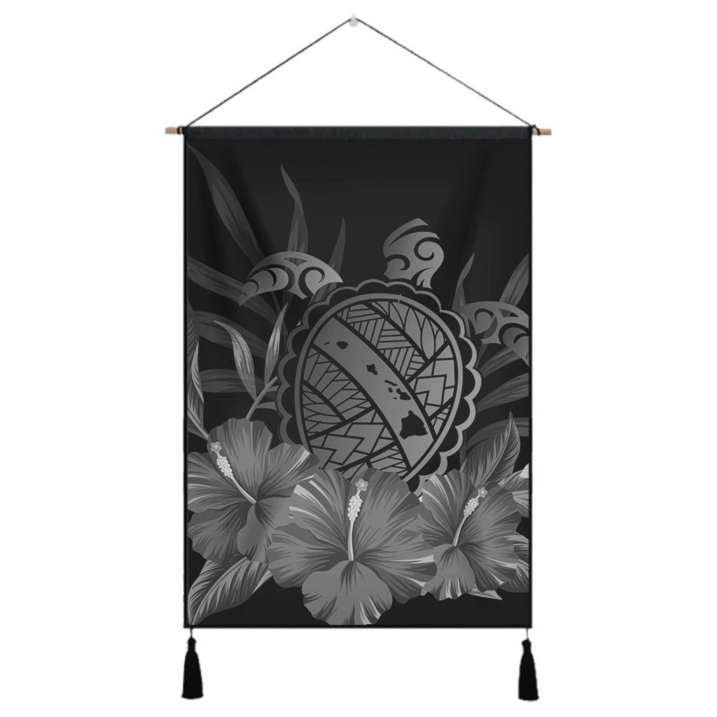 Hawaiian Map Turtle Hibiscus Polynesian Hanging Poster - White - AH Hanging Poster Cotton And Linen - Polynesian Pride