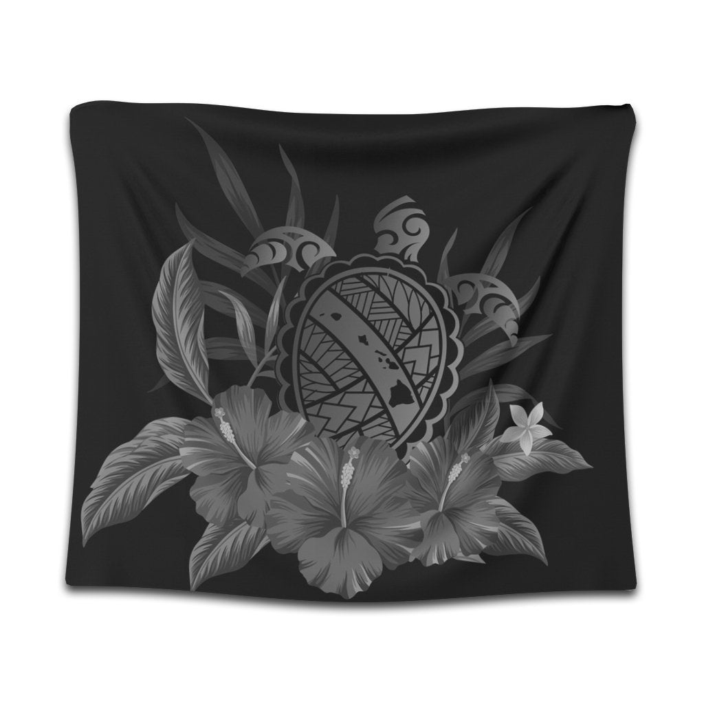 Hawaiian Map Turtle Hibiscus Polynesian Tapestry - White - AH Wall Tapestry Black - Polynesian Pride